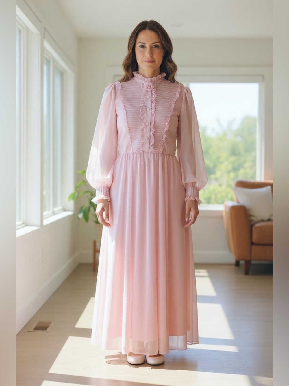 Emma Domb Vintage 1960's/70's Pink Chiffon Lined Maxi Dress Ruffles Rose Accent